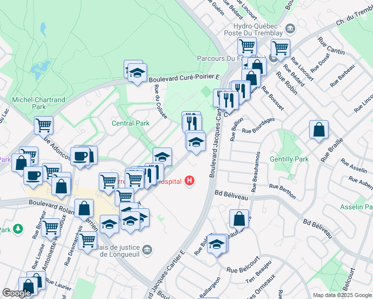 map of restaurants, bars, coffee shops, grocery stores, and more near 1250 Chemin du Tremblay in Longueuil
