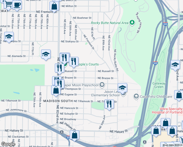 map of restaurants, bars, coffee shops, grocery stores, and more near 2435 Northeast 88th Avenue in Portland