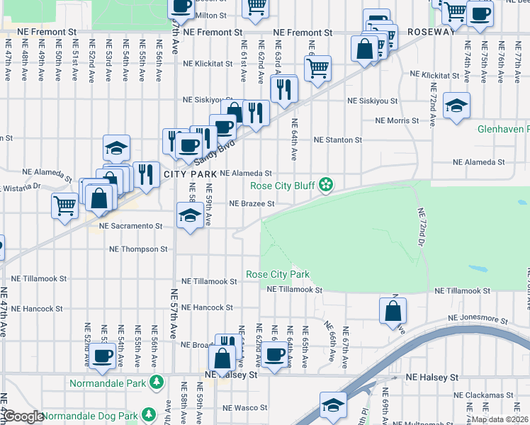 map of restaurants, bars, coffee shops, grocery stores, and more near 6142 Northeast Sacramento Street in Portland