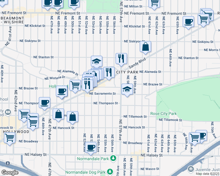 map of restaurants, bars, coffee shops, grocery stores, and more near 2352 Northeast 56th Avenue in Portland