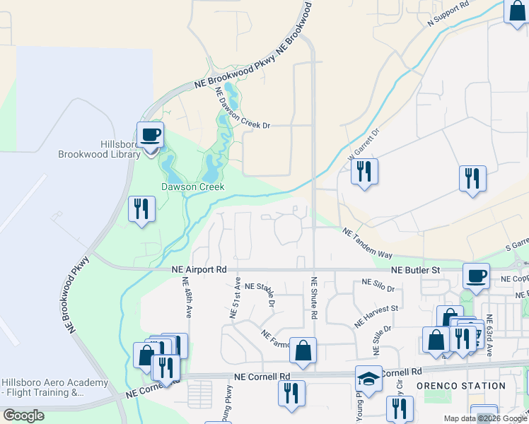 map of restaurants, bars, coffee shops, grocery stores, and more near 2094 Northeast 52nd Avenue in Hillsboro