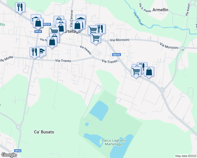 map of restaurants, bars, coffee shops, grocery stores, and more near 17 Via delle Pree in Martellago