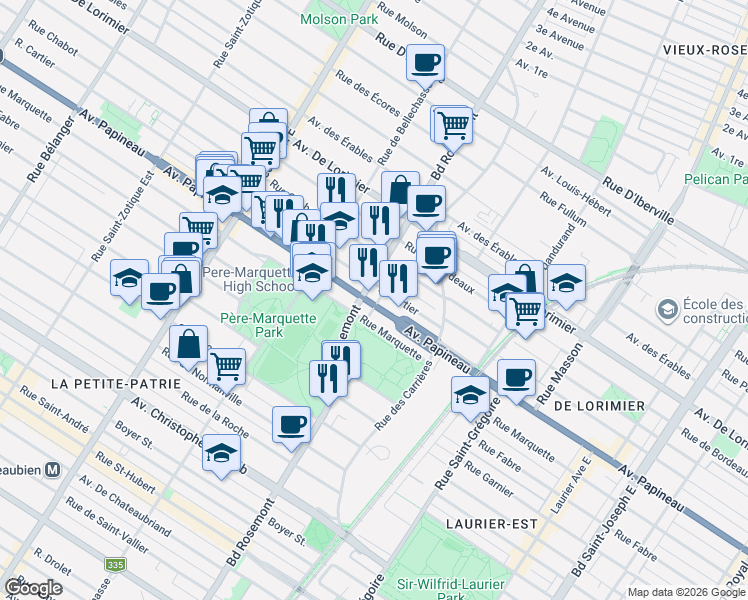 map of restaurants, bars, coffee shops, grocery stores, and more near 5885 Avenue Papineau in Montréal