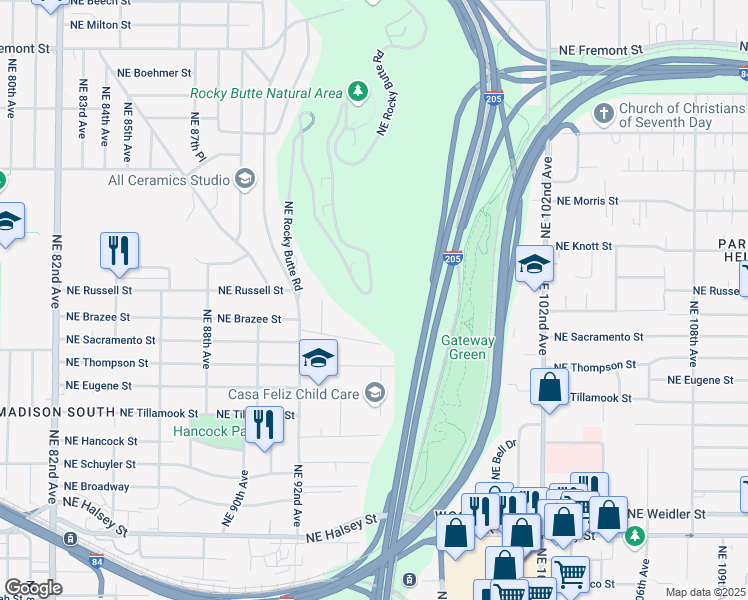 map of restaurants, bars, coffee shops, grocery stores, and more near 3002 Northeast Rocky Butte Road in Portland