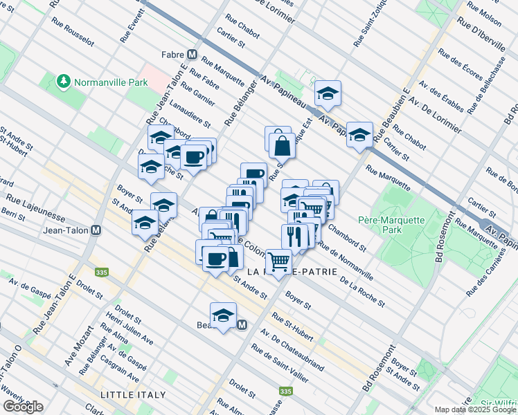 map of restaurants, bars, coffee shops, grocery stores, and more near 6696 Rue de Normanville in Montréal