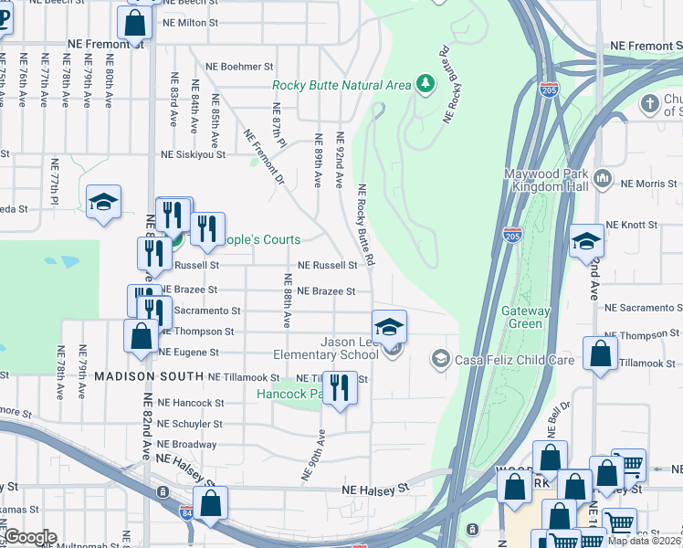 map of restaurants, bars, coffee shops, grocery stores, and more near 9030 Northeast Brazee Street in Portland