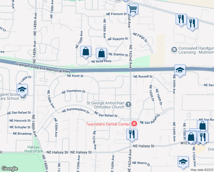 map of restaurants, bars, coffee shops, grocery stores, and more near 15809 Northeast Sacramento Street in Portland