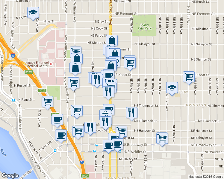 map of restaurants, bars, coffee shops, grocery stores, and more near 2500 Northeast Martin Luther King Junior Boulevard in Portland