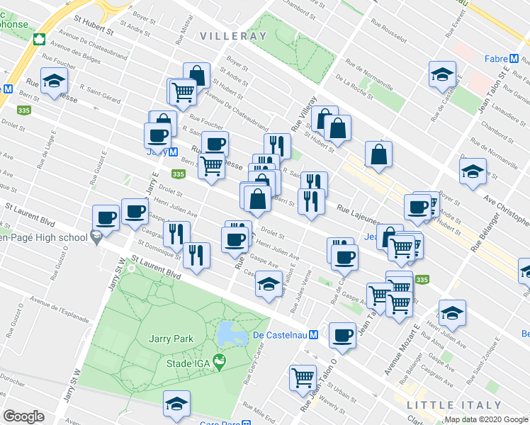 map of restaurants, bars, coffee shops, grocery stores, and more near 7688 Rue Saint-Denis in Montréal