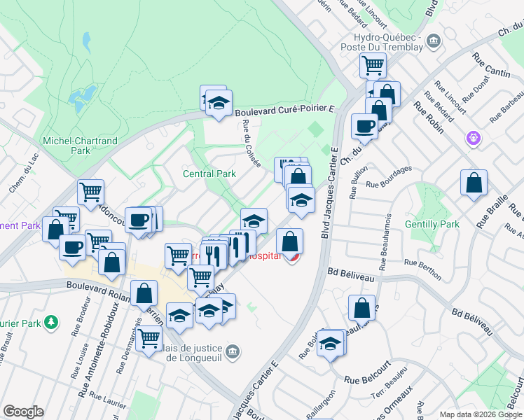 map of restaurants, bars, coffee shops, grocery stores, and more near 1460 Rue Gaston-Véronneau in Longueuil