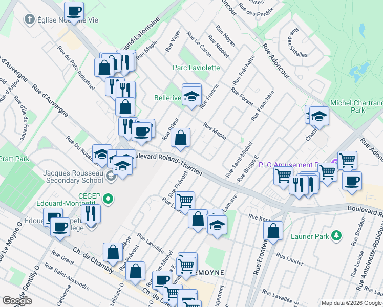 map of restaurants, bars, coffee shops, grocery stores, and more near 790 Rue Fréchette in Longueuil