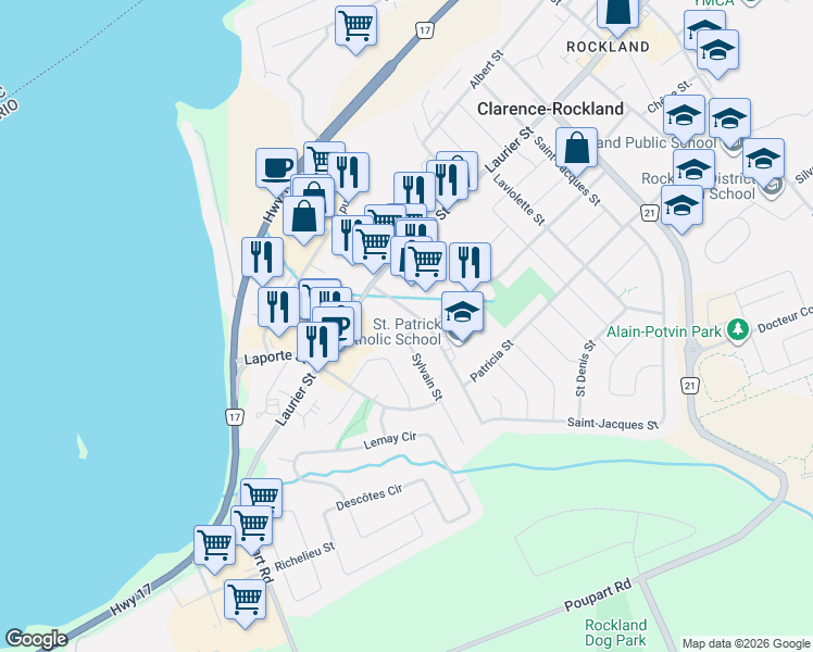 map of restaurants, bars, coffee shops, grocery stores, and more near 2685 Sylvain Street in Clarence-Rockland