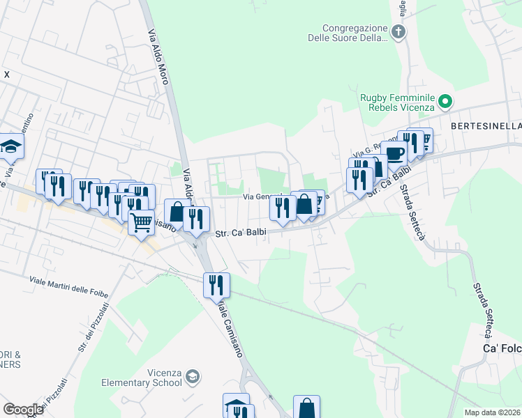 map of restaurants, bars, coffee shops, grocery stores, and more near 2 Via Giovanni Emiliani in Vicenza