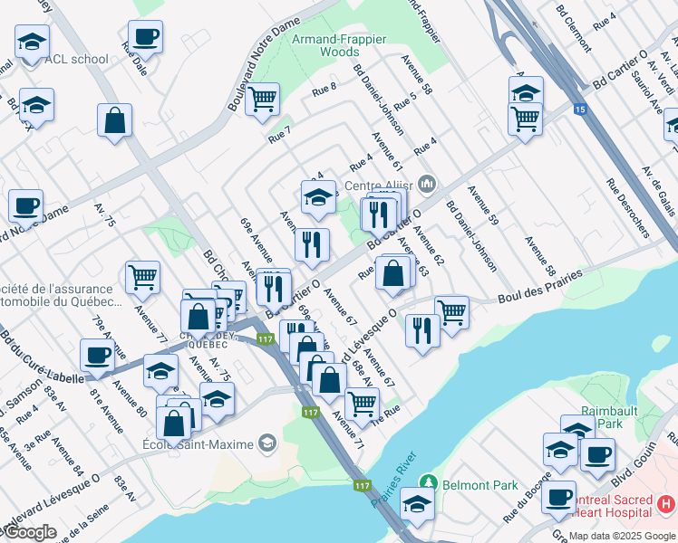 map of restaurants, bars, coffee shops, grocery stores, and more near 3200 Boulevard Cartier Ouest in Laval
