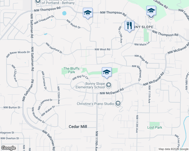 map of restaurants, bars, coffee shops, grocery stores, and more near 12045 Northwest Big Fir Circle in Portland