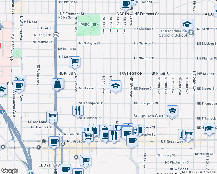 map of restaurants, bars, coffee shops, grocery stores, and more near 2511 Northeast 12th Avenue in Portland