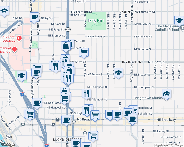 map of restaurants, bars, coffee shops, grocery stores, and more near 809 Northeast Brazee Street in Portland