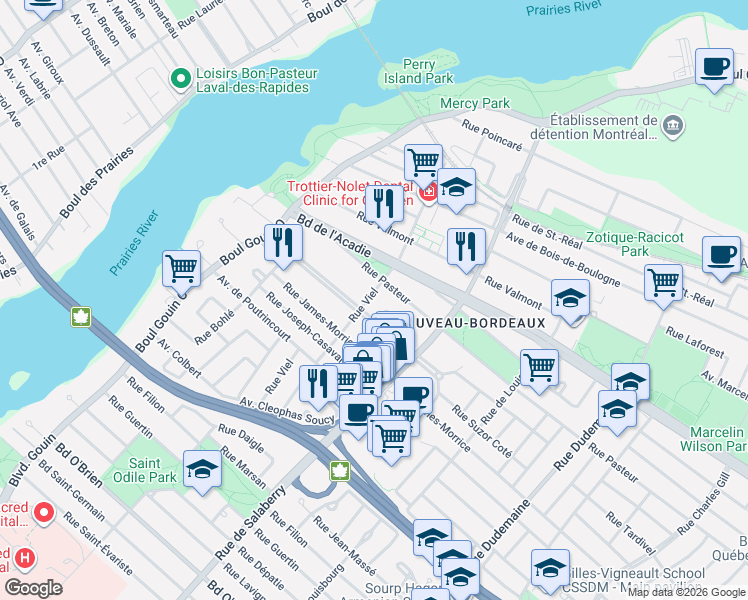 map of restaurants, bars, coffee shops, grocery stores, and more near 2250 Rue Viel in Montréal