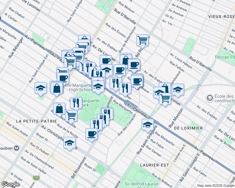 map of restaurants, bars, coffee shops, grocery stores, and more near 5885 Avenue Papineau in Montréal