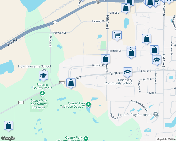 map of restaurants, bars, coffee shops, grocery stores, and more near 1109 7th Street South in Waite Park