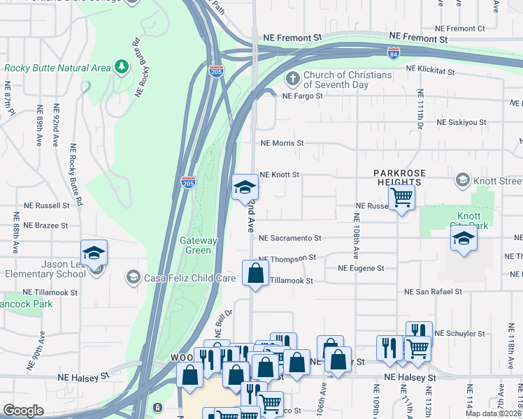 map of restaurants, bars, coffee shops, grocery stores, and more near 2424 Northeast 102nd Avenue in Portland
