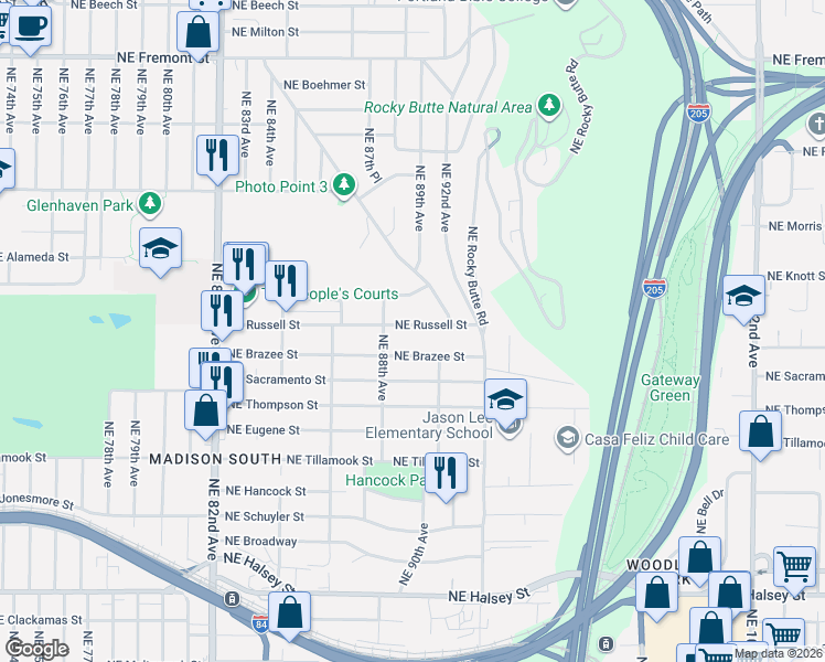 map of restaurants, bars, coffee shops, grocery stores, and more near 8913 Northeast Brazee Street in Portland