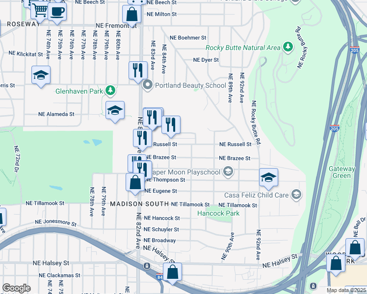 map of restaurants, bars, coffee shops, grocery stores, and more near 8436 Northeast Brazee Street in Portland