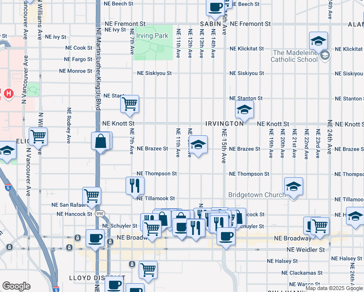 map of restaurants, bars, coffee shops, grocery stores, and more near 2405 Northeast 12th Avenue in Portland