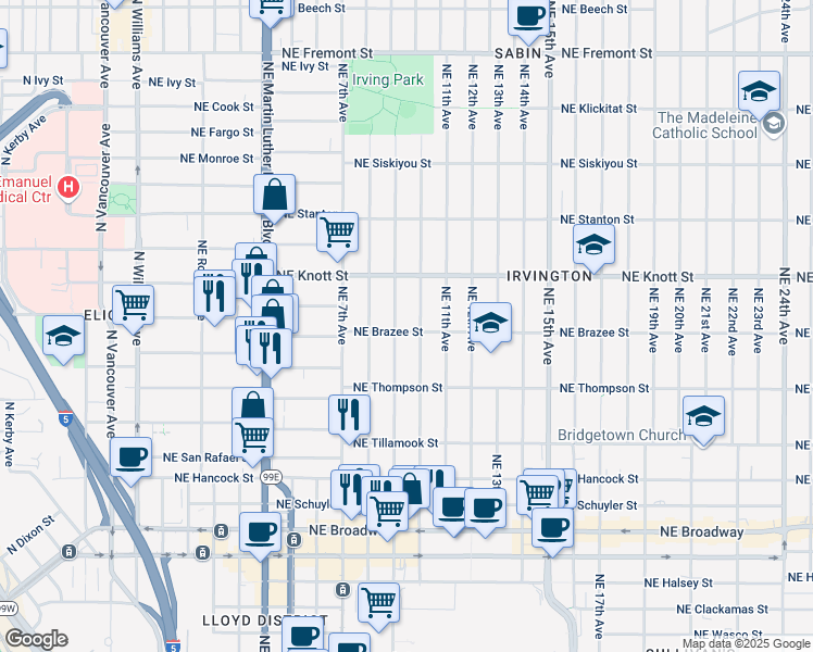 map of restaurants, bars, coffee shops, grocery stores, and more near 2406 Northeast 9th Avenue in Portland
