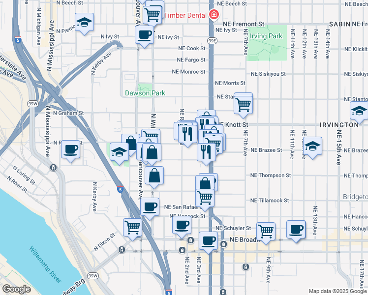 map of restaurants, bars, coffee shops, grocery stores, and more near 103 Northeast Sacramento Street in Portland