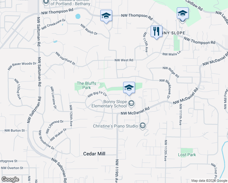 map of restaurants, bars, coffee shops, grocery stores, and more near 12045 Northwest Big Fir Circle in Portland