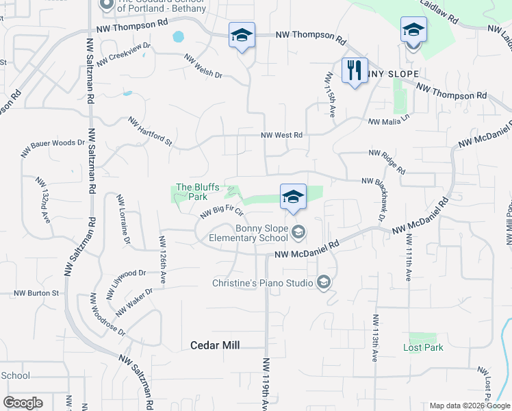 map of restaurants, bars, coffee shops, grocery stores, and more near 12045 Northwest Big Fir Circle in Portland
