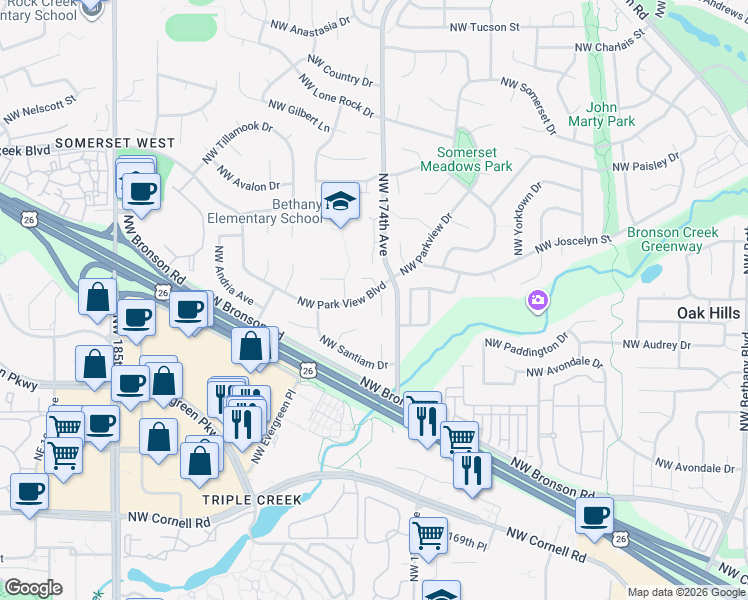 map of restaurants, bars, coffee shops, grocery stores, and more near 2810 Northwest Whitman Court in Portland