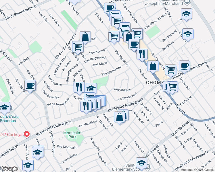 map of restaurants, bars, coffee shops, grocery stores, and more near 1229 Avenue Shorecrest in Laval