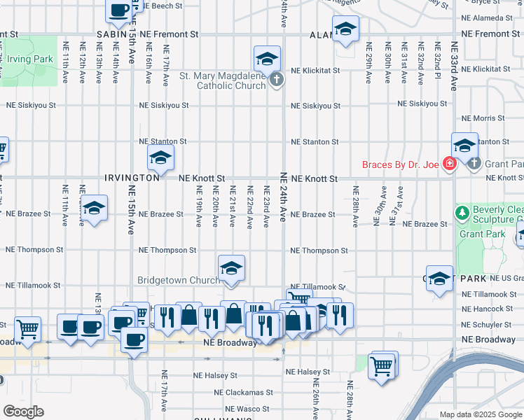 map of restaurants, bars, coffee shops, grocery stores, and more near 2424 Northeast 22nd Avenue in Portland