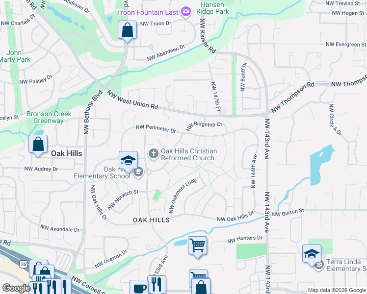 map of restaurants, bars, coffee shops, grocery stores, and more near 14980 Northwest Northumbria Lane in Beaverton