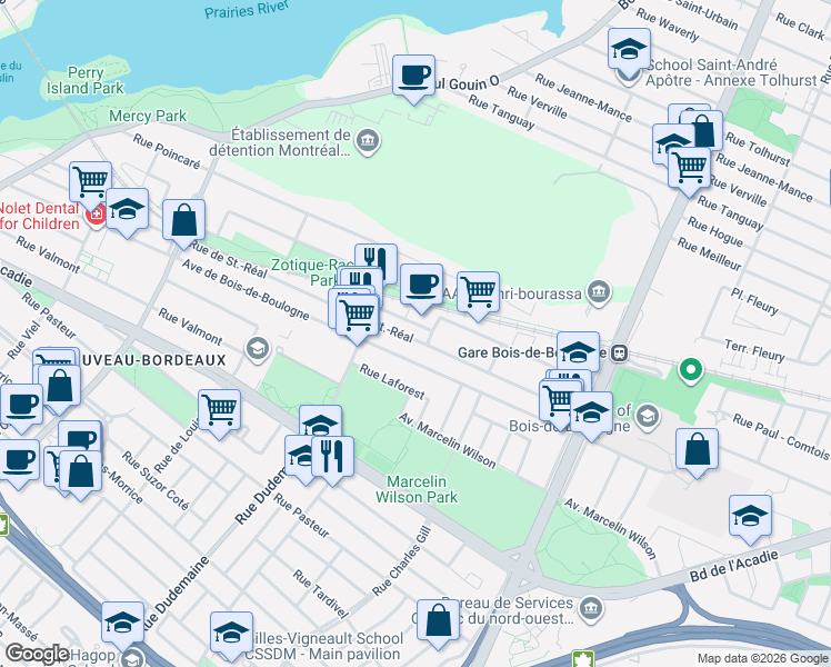 map of restaurants, bars, coffee shops, grocery stores, and more near 11537 Rue de Saint-Réal in Montréal