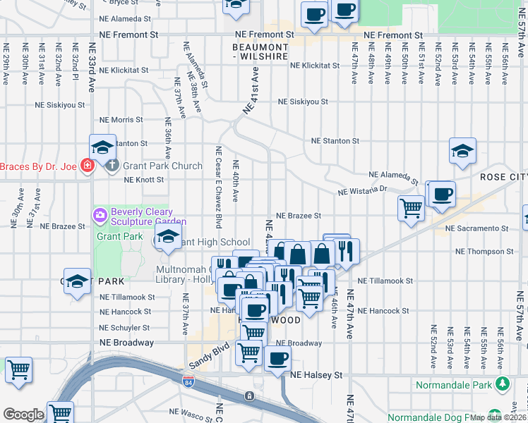 map of restaurants, bars, coffee shops, grocery stores, and more near 2505 Northeast 42nd Avenue in Portland