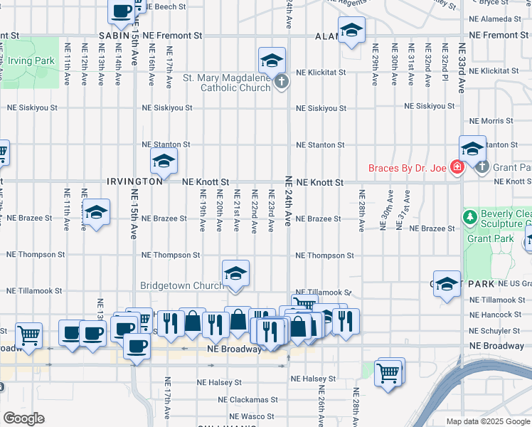 map of restaurants, bars, coffee shops, grocery stores, and more near 2229 Northeast Brazee Street in Portland