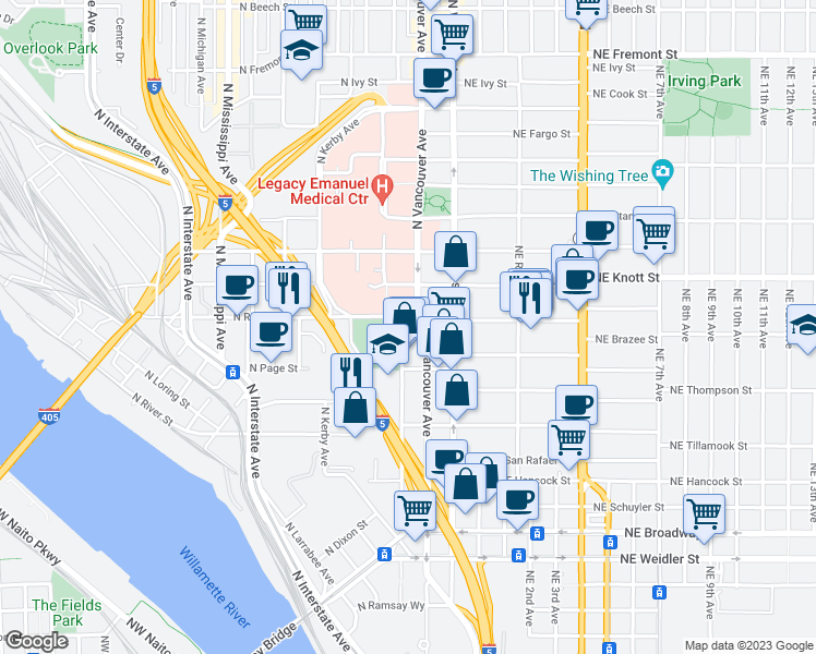 map of restaurants, bars, coffee shops, grocery stores, and more near 214 North Russell Street in Portland