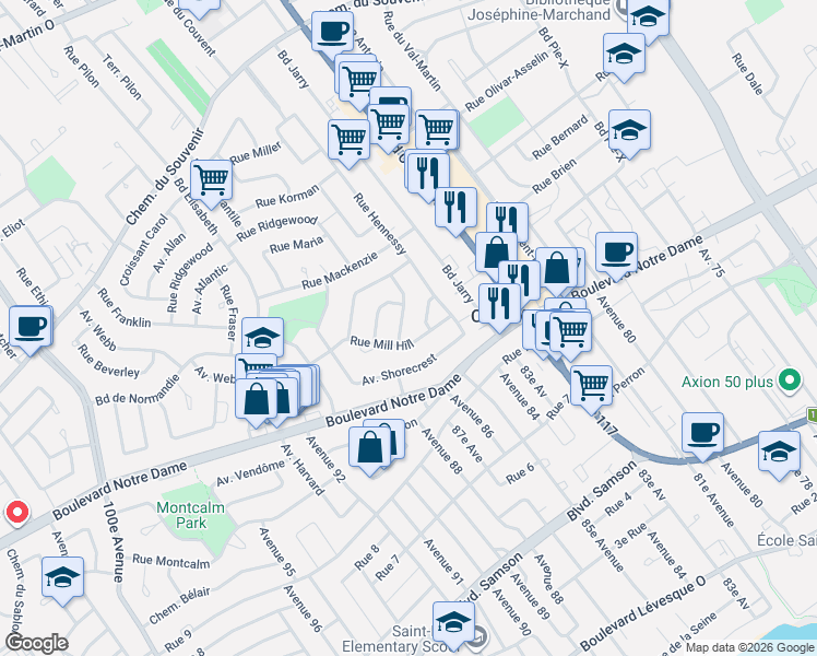 map of restaurants, bars, coffee shops, grocery stores, and more near 1047 Rue MacDonald in Laval