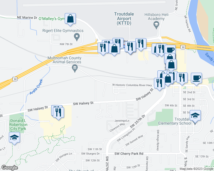 map of restaurants, bars, coffee shops, grocery stores, and more near 124 Southwest Edgefield Court in Troutdale
