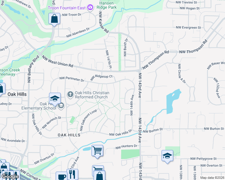 map of restaurants, bars, coffee shops, grocery stores, and more near 14725 Northwest Perimeter Drive in Beaverton