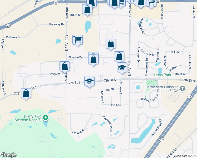 map of restaurants, bars, coffee shops, grocery stores, and more near 511 7th Street South in Waite Park