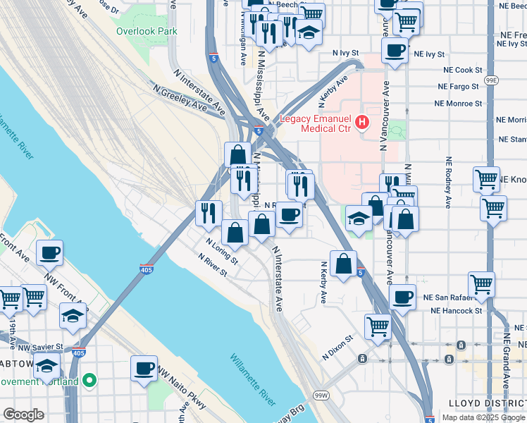 map of restaurants, bars, coffee shops, grocery stores, and more near 836 North Russell Street in Portland