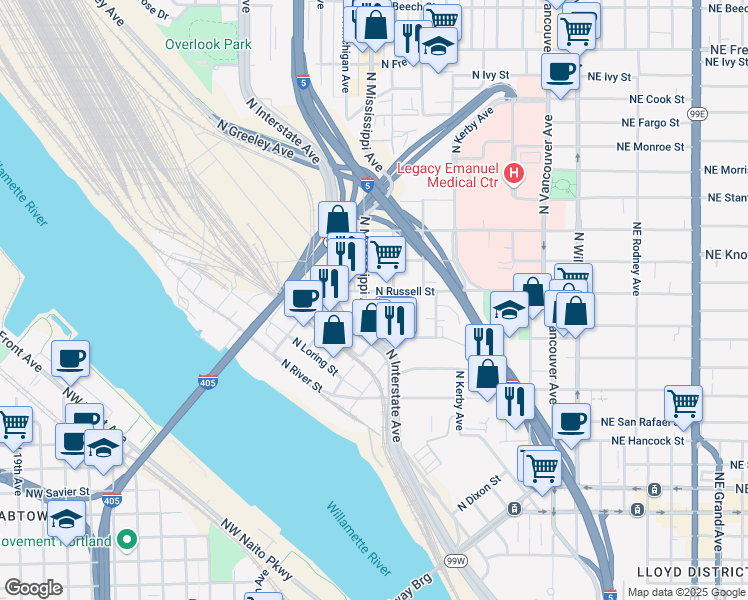 map of restaurants, bars, coffee shops, grocery stores, and more near 836 North Russell Street in Portland