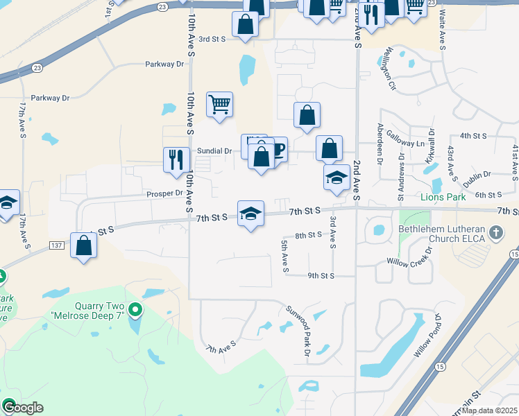 map of restaurants, bars, coffee shops, grocery stores, and more near 601 7th Street South in Waite Park