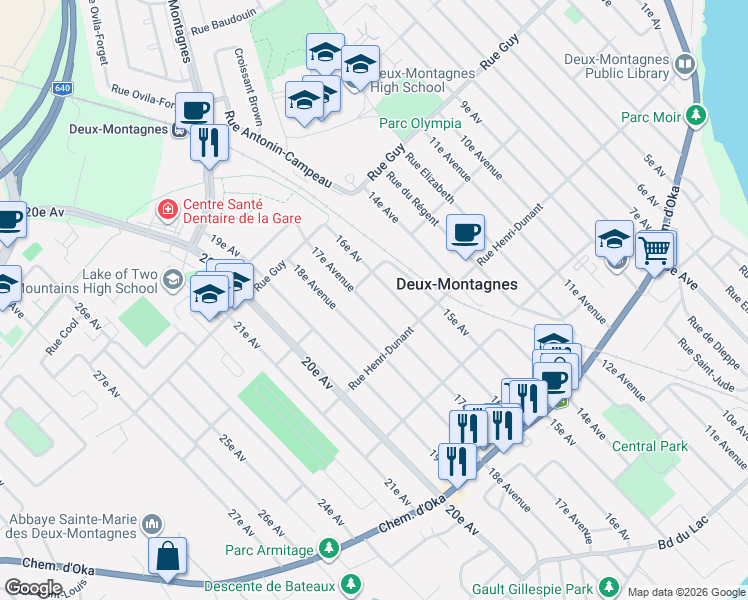 map of restaurants, bars, coffee shops, grocery stores, and more near 325 17e Avenue in Deux-Montagnes