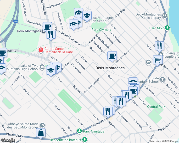 map of restaurants, bars, coffee shops, grocery stores, and more near 325 17e Avenue in Deux-Montagnes