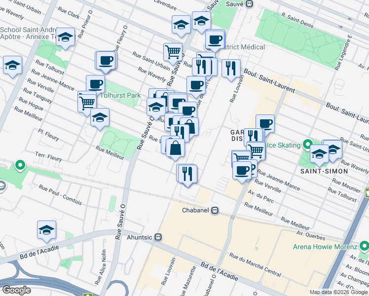map of restaurants, bars, coffee shops, grocery stores, and more near in Montreal